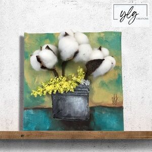 Original Painting Farmhouse Cotton Plant Mixed Media Acrylic Teal Yellow Art